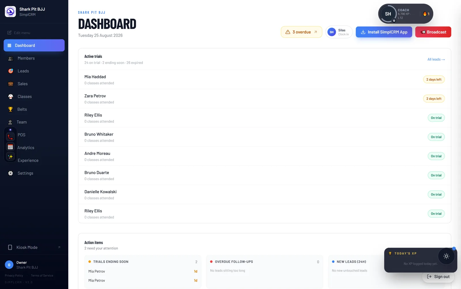 The NinjaOps dashboard showing active trials, action items and gym KPIs