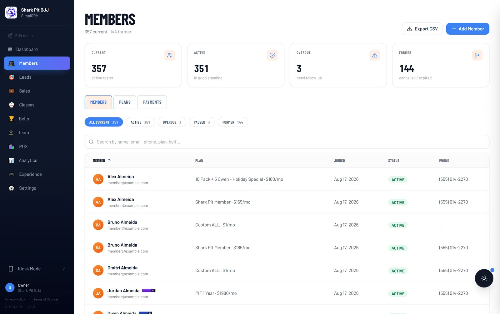NinjaOps member roster with belt ranks and plan status